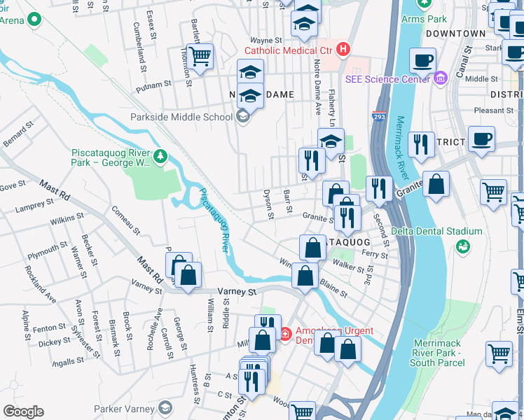 map of restaurants, bars, coffee shops, grocery stores, and more near 22 Quincy Street in Manchester