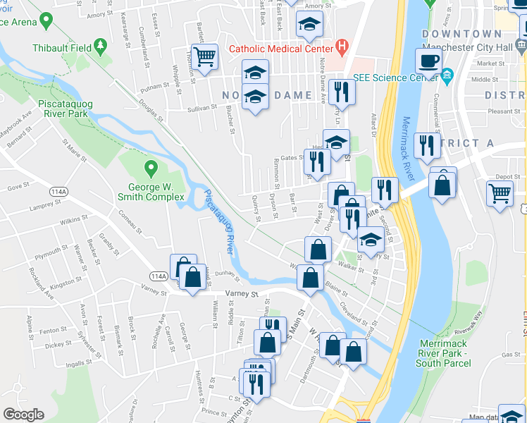 map of restaurants, bars, coffee shops, grocery stores, and more near 12 Quincy Street in Manchester