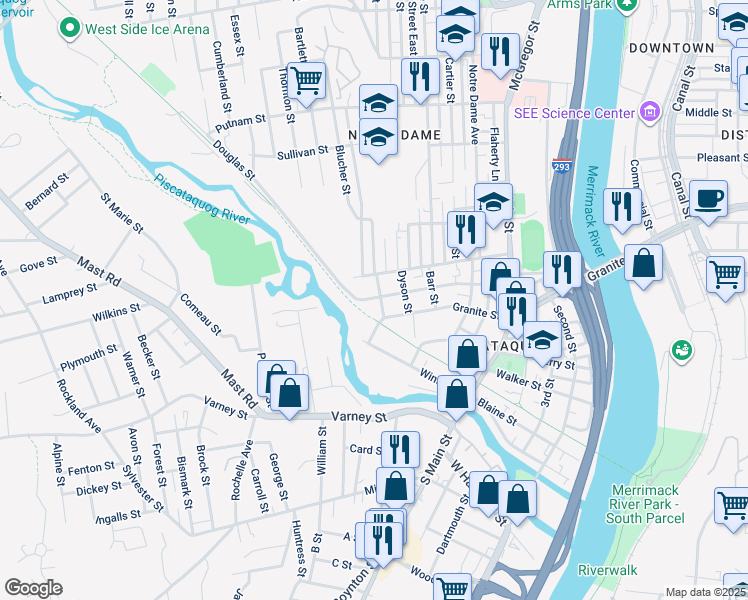 map of restaurants, bars, coffee shops, grocery stores, and more near 12 Quincy Street in Manchester