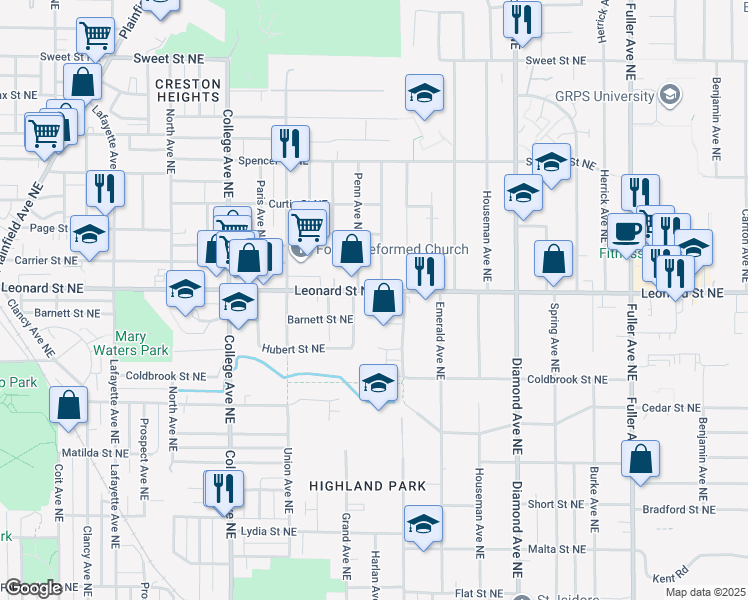 map of restaurants, bars, coffee shops, grocery stores, and more near 1130 Edmund Avenue Northeast in Grand Rapids