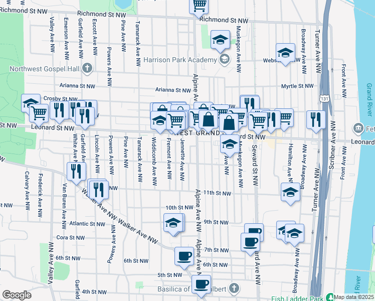 map of restaurants, bars, coffee shops, grocery stores, and more near 1116 Jennette Avenue Northwest in Grand Rapids