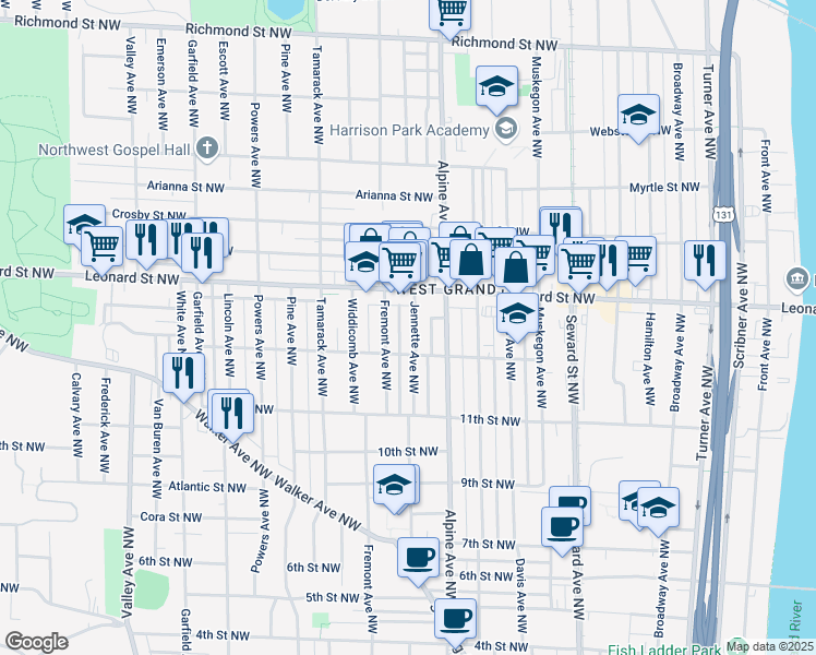 map of restaurants, bars, coffee shops, grocery stores, and more near 1116 Jennette Avenue Northwest in Grand Rapids