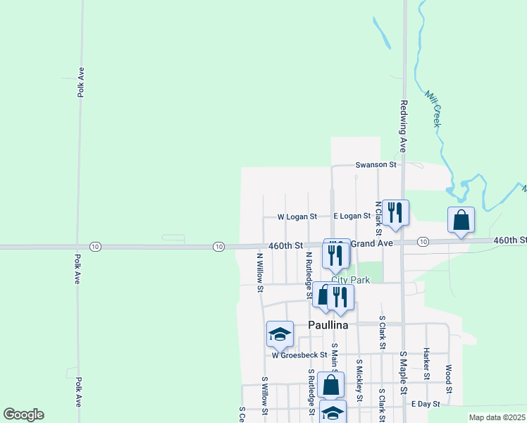 map of restaurants, bars, coffee shops, grocery stores, and more near 401-425 North Willow Street in Paullina