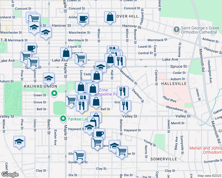 map of restaurants, bars, coffee shops, grocery stores, and more near 651 Summer Street in Manchester