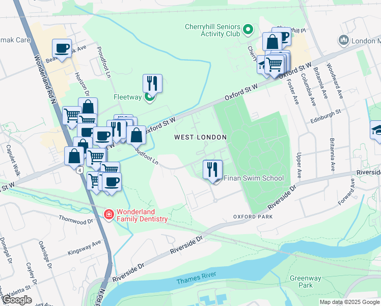 map of restaurants, bars, coffee shops, grocery stores, and more near 560 Proudfoot Lane in London
