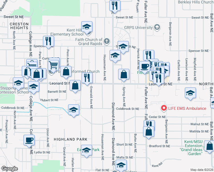 map of restaurants, bars, coffee shops, grocery stores, and more near 914 Leonard Street Northeast in Grand Rapids