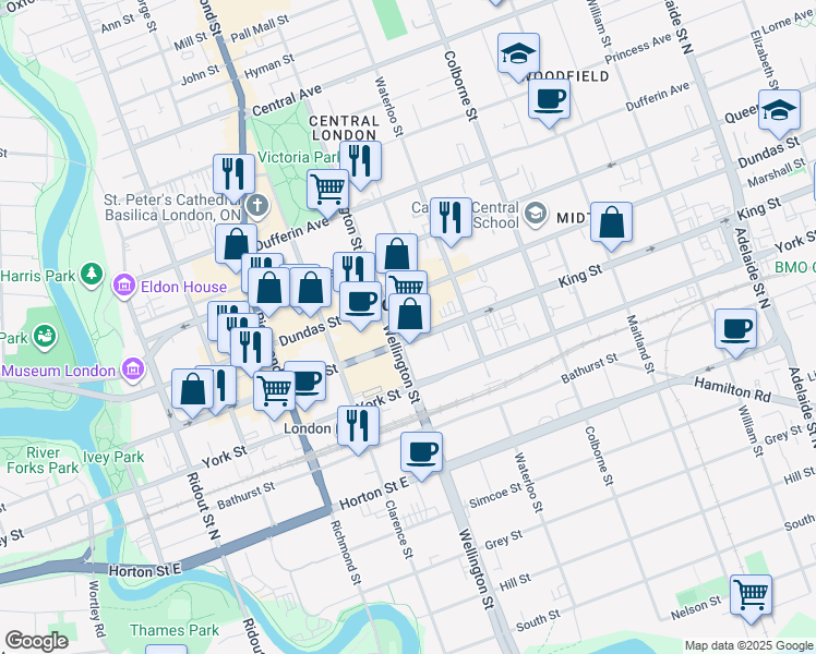 map of restaurants, bars, coffee shops, grocery stores, and more near 380 Wellington Street in London