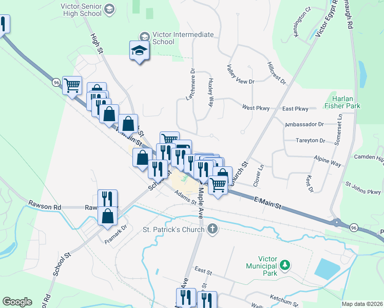 map of restaurants, bars, coffee shops, grocery stores, and more near 31 Dryer Avenue in Victor