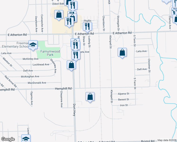 map of restaurants, bars, coffee shops, grocery stores, and more near 3182 Ludwig Street in Burton
