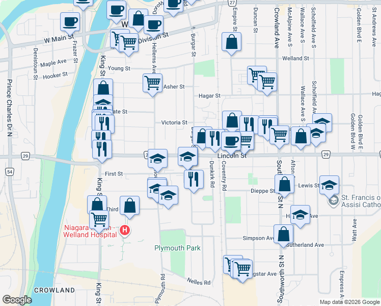 map of restaurants, bars, coffee shops, grocery stores, and more near 313 Burgar Street in Welland