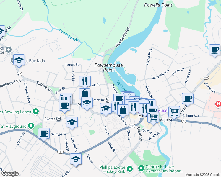 map of restaurants, bars, coffee shops, grocery stores, and more near 305 Water Street in Exeter