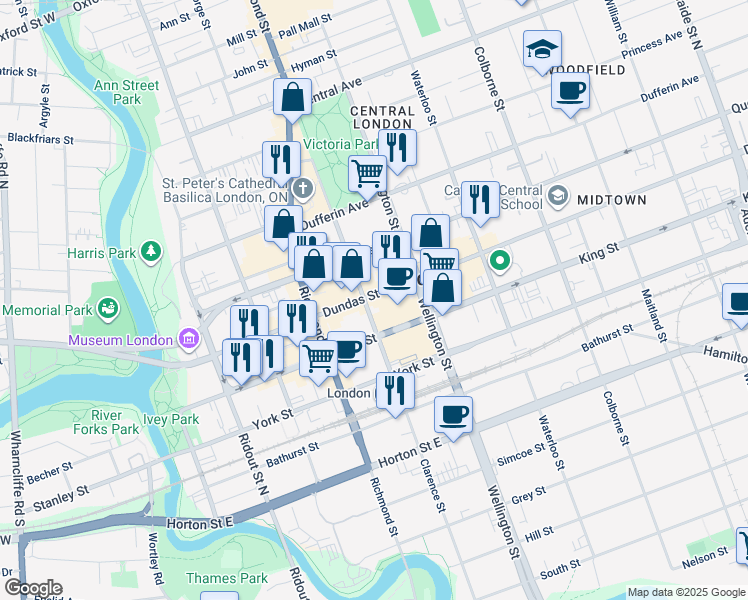 map of restaurants, bars, coffee shops, grocery stores, and more near 401 Clarence Street in London