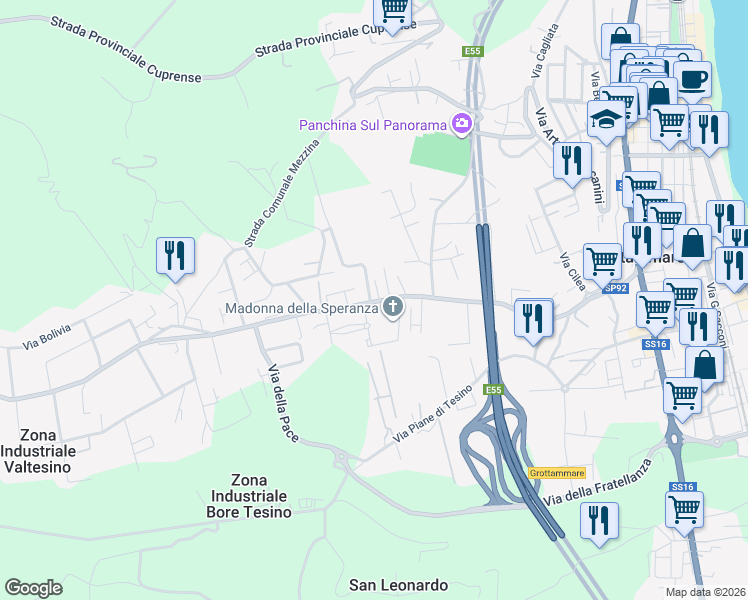 map of restaurants, bars, coffee shops, grocery stores, and more near 160 Strada Provinciale Val Tesino in Grottammare