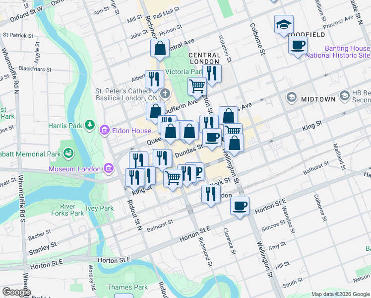map of restaurants, bars, coffee shops, grocery stores, and more near 200 Dundas Street in London