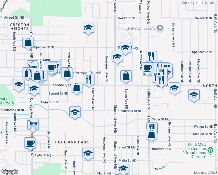 map of restaurants, bars, coffee shops, grocery stores, and more near 914 Leonard Street Northeast in Grand Rapids