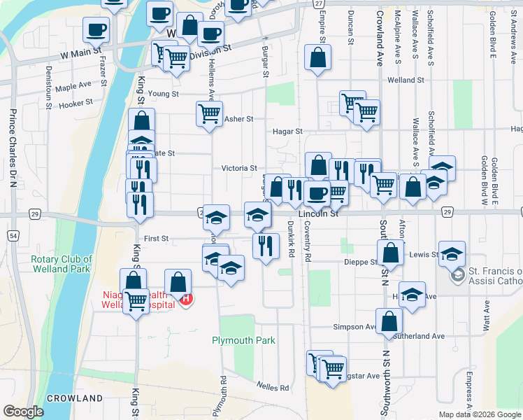 map of restaurants, bars, coffee shops, grocery stores, and more near 4 Dover Road in Welland