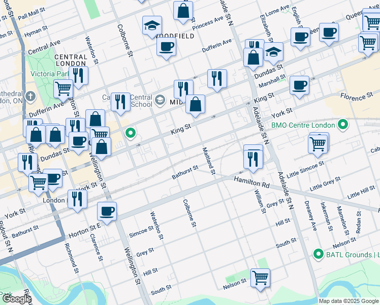 map of restaurants, bars, coffee shops, grocery stores, and more near 457 York Street in London