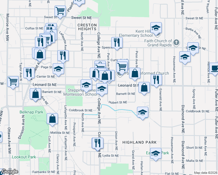 map of restaurants, bars, coffee shops, grocery stores, and more near 1141 Paris Avenue Northeast in Grand Rapids