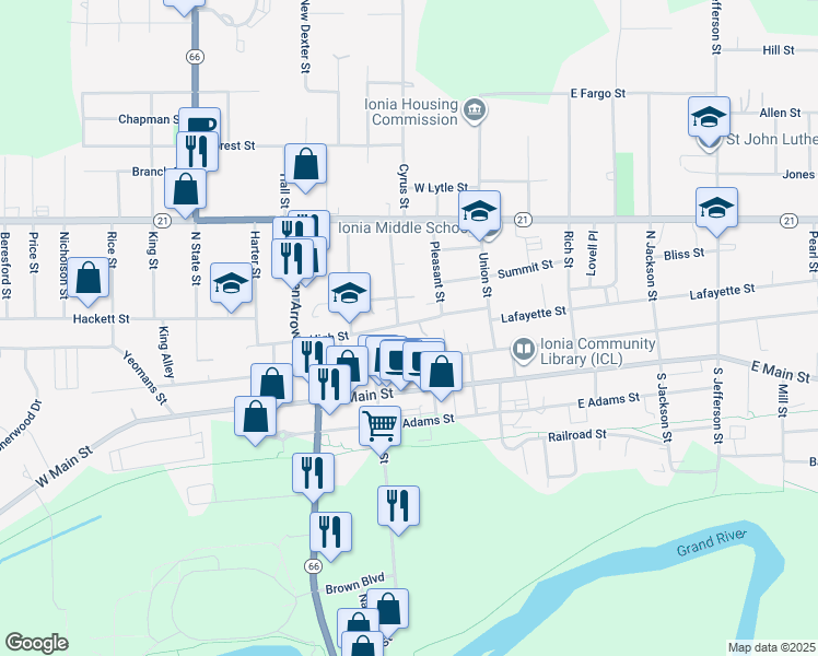 map of restaurants, bars, coffee shops, grocery stores, and more near 237 High Street in Ionia