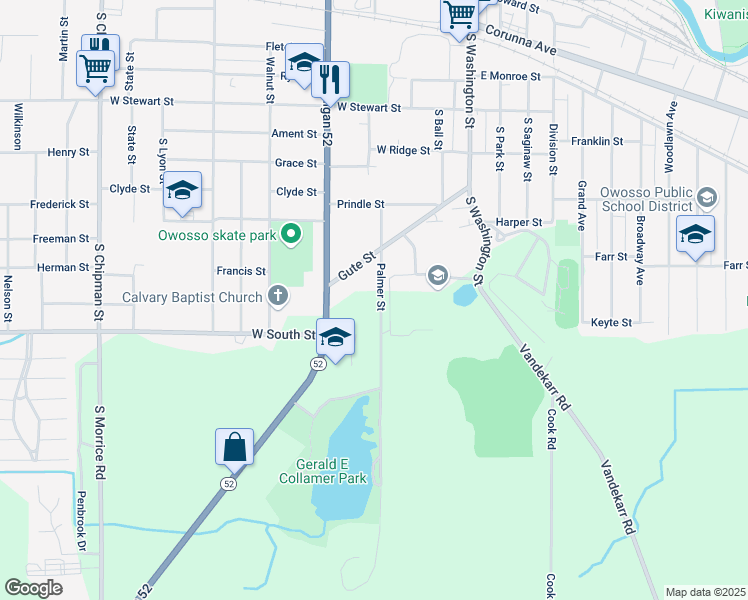 map of restaurants, bars, coffee shops, grocery stores, and more near 1220 Palmer Street in Owosso