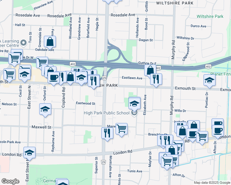 map of restaurants, bars, coffee shops, grocery stores, and more near 721 Earlscourt Drive in Sarnia