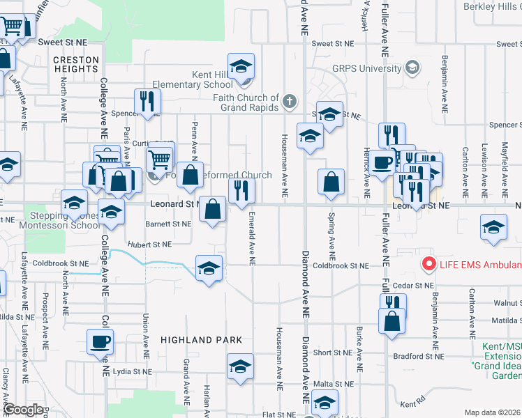 map of restaurants, bars, coffee shops, grocery stores, and more near 1145 Houseman Avenue Northeast in Grand Rapids