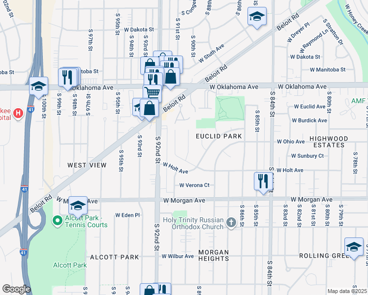 map of restaurants, bars, coffee shops, grocery stores, and more near 9026 West Burdick Avenue in Milwaukee