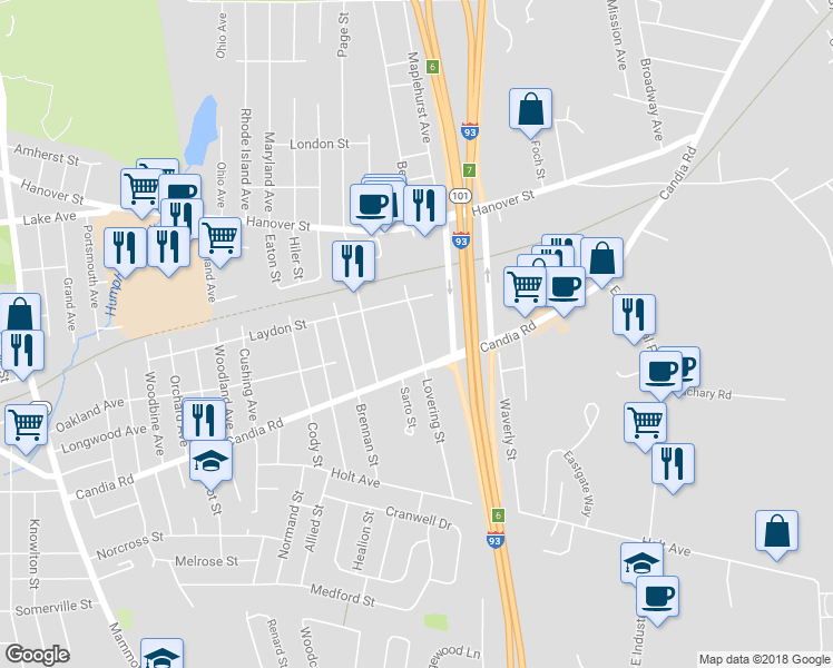 map of restaurants, bars, coffee shops, grocery stores, and more near 248 Lovering Street in Manchester