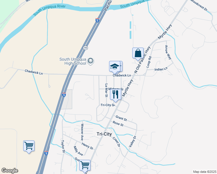 map of restaurants, bars, coffee shops, grocery stores, and more near 210 La Mar Street in Myrtle Creek