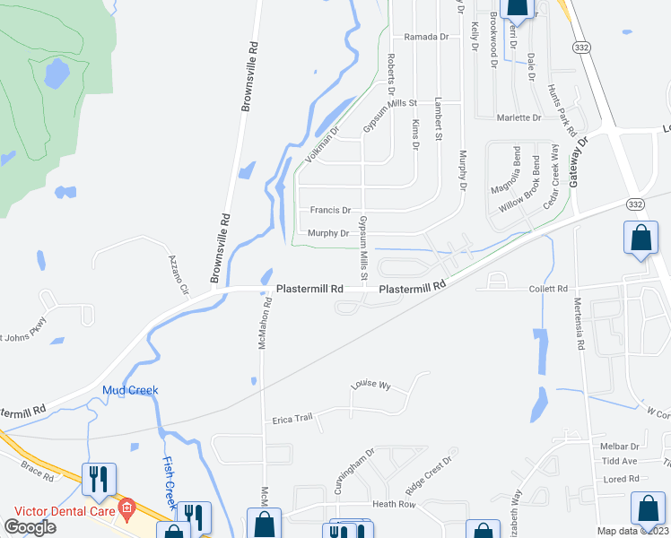 map of restaurants, bars, coffee shops, grocery stores, and more near 995 Gypsum Mills Street in Victor