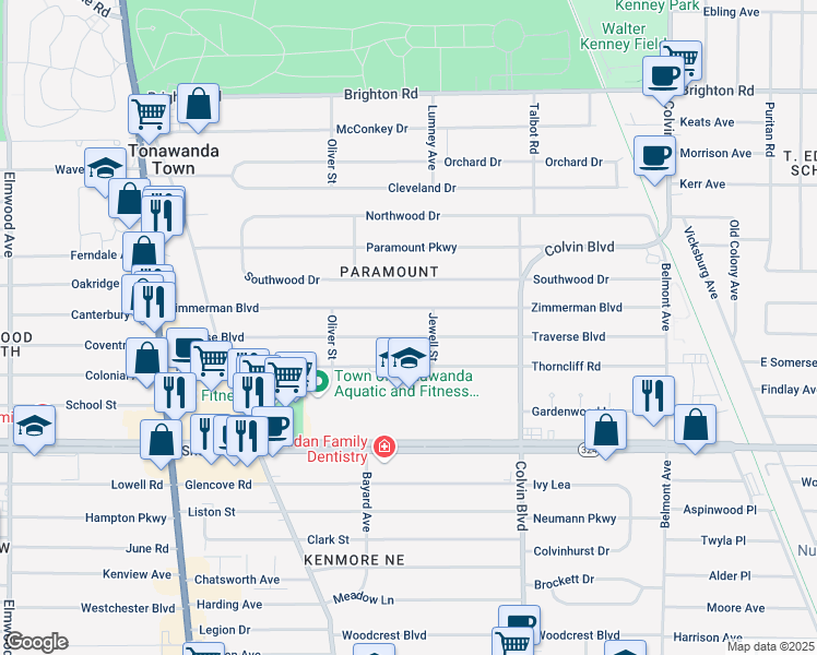 map of restaurants, bars, coffee shops, grocery stores, and more near 273 Traverse Boulevard in Buffalo