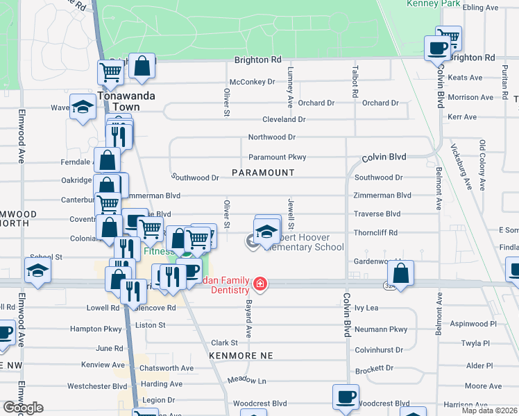 map of restaurants, bars, coffee shops, grocery stores, and more near 238 Traverse Boulevard in Buffalo