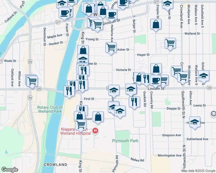 map of restaurants, bars, coffee shops, grocery stores, and more near in Welland