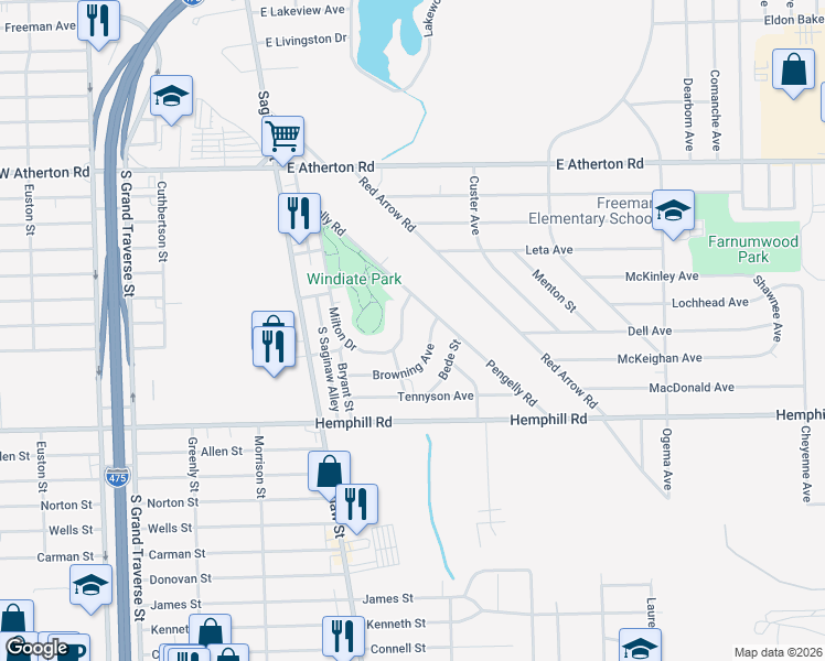 map of restaurants, bars, coffee shops, grocery stores, and more near 4543 Milton Drive in Flint