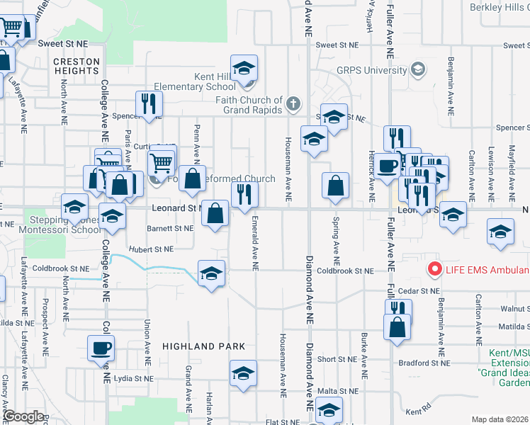 map of restaurants, bars, coffee shops, grocery stores, and more near 1145 Houseman Avenue Northeast in Grand Rapids