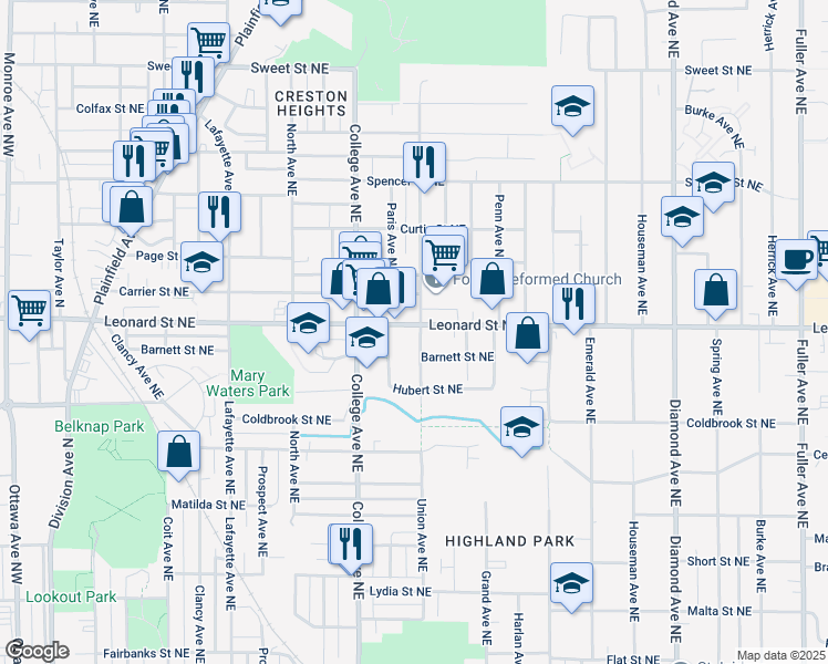 map of restaurants, bars, coffee shops, grocery stores, and more near 1144 Union Avenue Northeast in Grand Rapids
