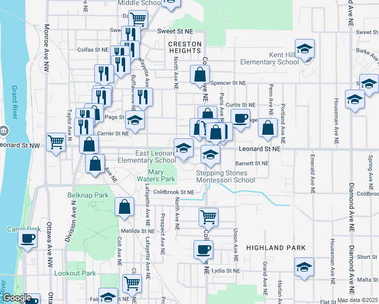 map of restaurants, bars, coffee shops, grocery stores, and more near 410 Barnett Street Northeast in Grand Rapids