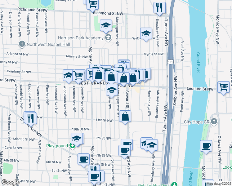 map of restaurants, bars, coffee shops, grocery stores, and more near 1121 Muskegon Avenue Northwest in Grand Rapids