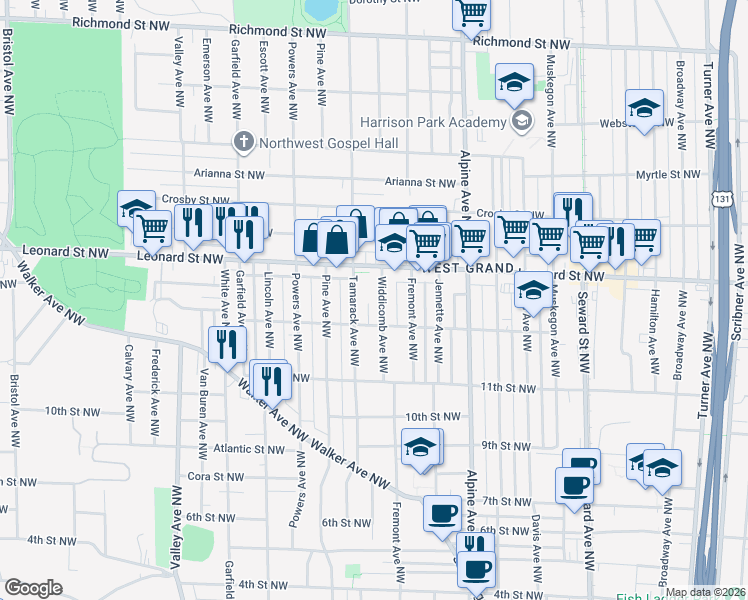 map of restaurants, bars, coffee shops, grocery stores, and more near 1115 Widdicomb Avenue Northwest in Grand Rapids