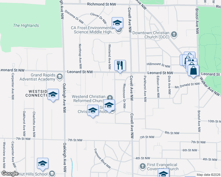 map of restaurants, bars, coffee shops, grocery stores, and more near 1061 Westend Avenue Northwest in Grand Rapids