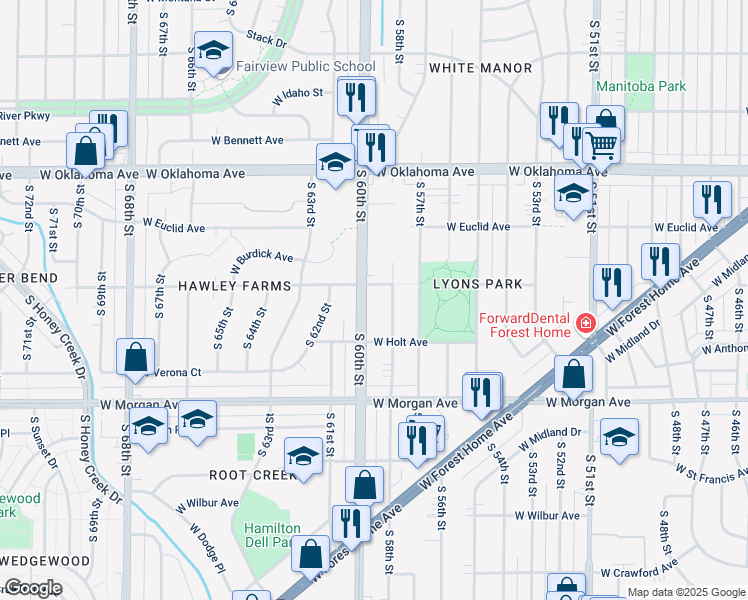 map of restaurants, bars, coffee shops, grocery stores, and more near 3333 South 58th Street in Milwaukee