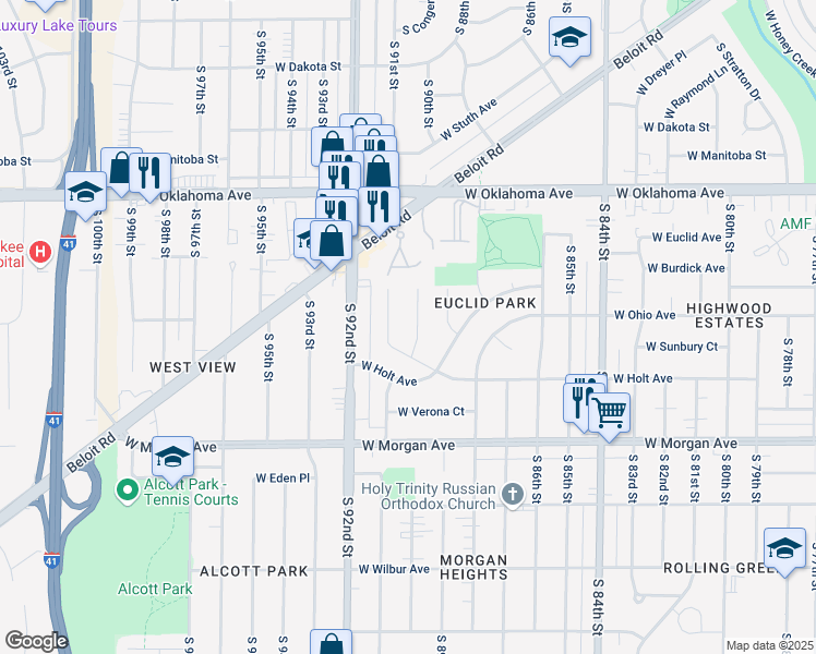 map of restaurants, bars, coffee shops, grocery stores, and more near 9026 West Burdick Avenue in Milwaukee