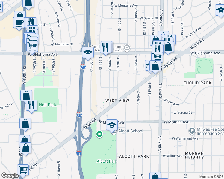map of restaurants, bars, coffee shops, grocery stores, and more near 3319 South 98th Street in Milwaukee
