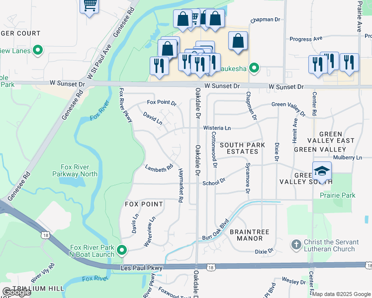 map of restaurants, bars, coffee shops, grocery stores, and more near 1221 Lambeth Road in Waukesha