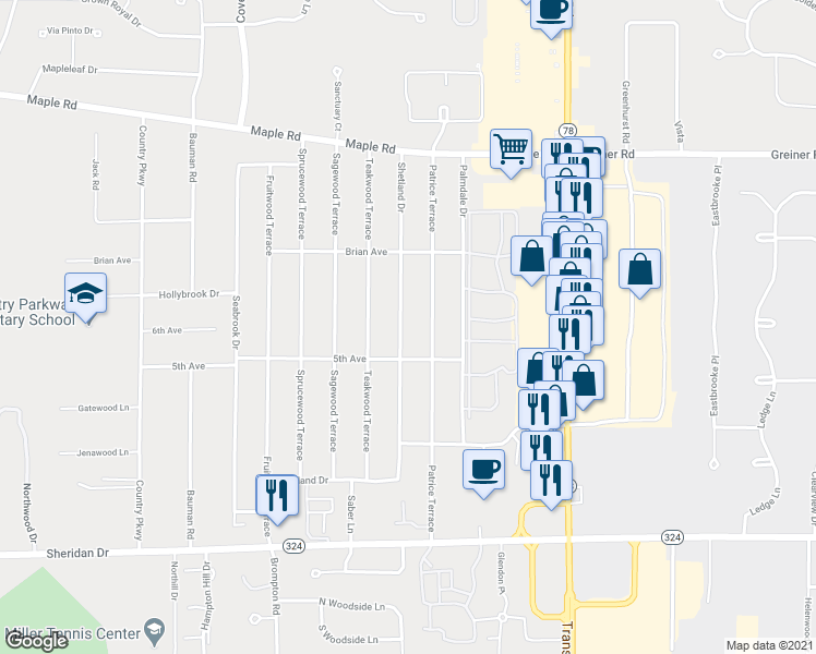 map of restaurants, bars, coffee shops, grocery stores, and more near 321 Shetland Drive in Buffalo