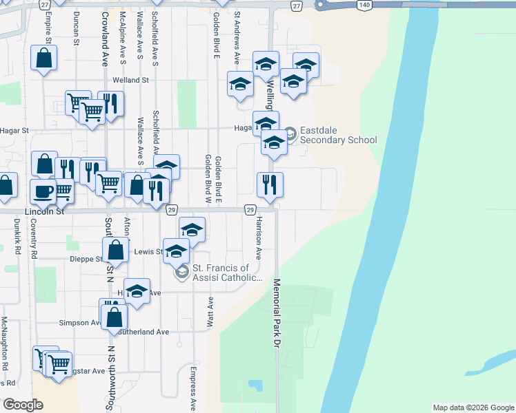 map of restaurants, bars, coffee shops, grocery stores, and more near 617 Lincoln Street in Welland