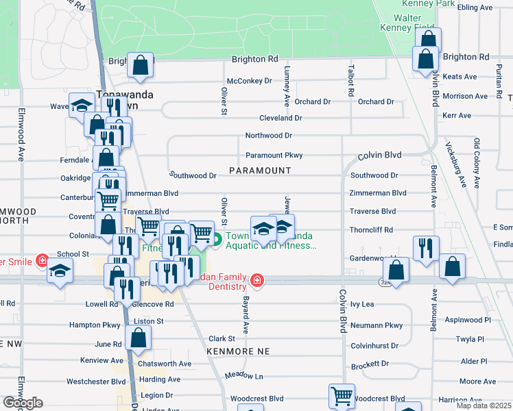 map of restaurants, bars, coffee shops, grocery stores, and more near 238 Traverse Boulevard in Buffalo