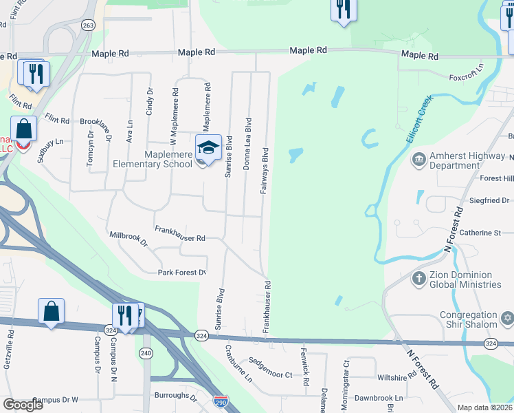 map of restaurants, bars, coffee shops, grocery stores, and more near 114 Fairways Boulevard in Buffalo
