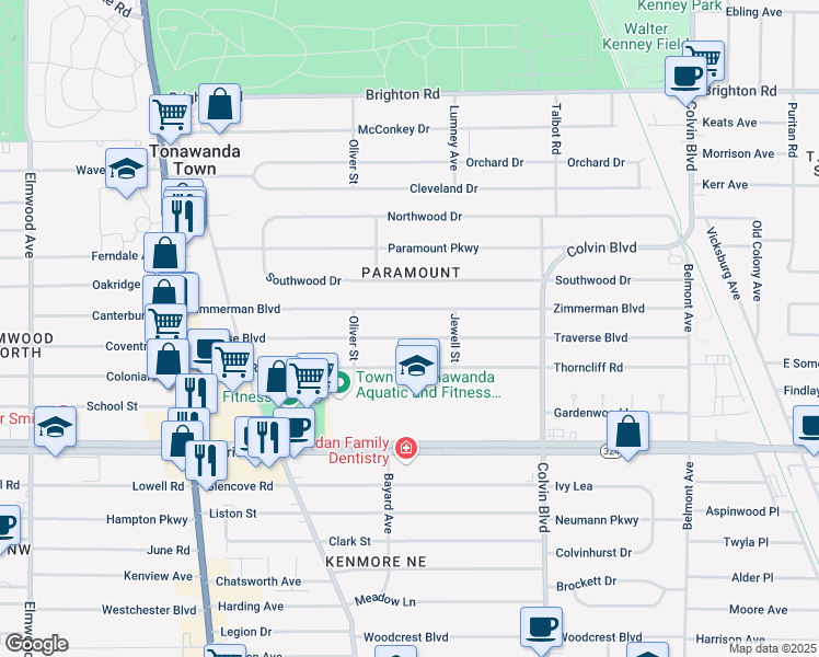 map of restaurants, bars, coffee shops, grocery stores, and more near 238 Traverse Boulevard in Buffalo