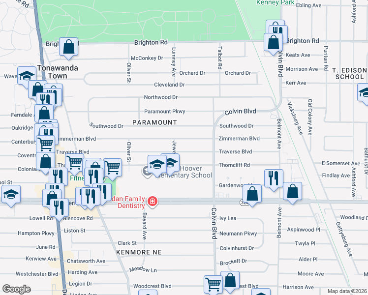 map of restaurants, bars, coffee shops, grocery stores, and more near 311 Traverse Boulevard in Buffalo